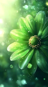 Green flower with water droplets and bokeh lighting effect.