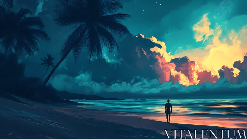 Solitary figure on tropical beach under vivid sunset sky.
