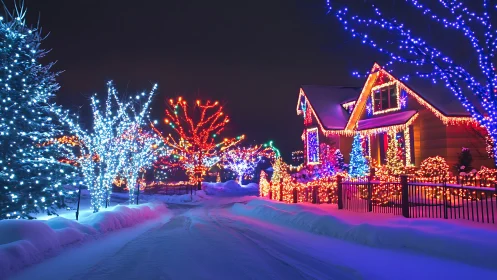 Cozy winter home glowing with colorful holiday lights.