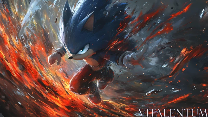 Blue anthropomorphic hedgehog figure runs through fiery arc
