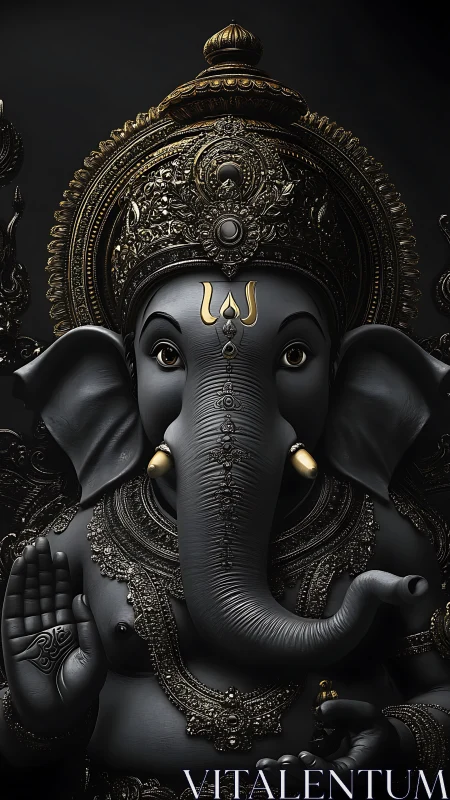 Dark metallic Ganesha statue with ornate golden crown.