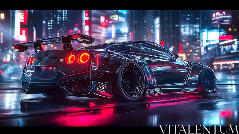 Cyberpunk street racer under neon city reflections.