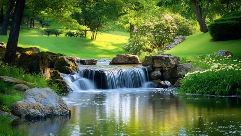 Quiet garden waterfall where soft sunlight meets mossy stone.