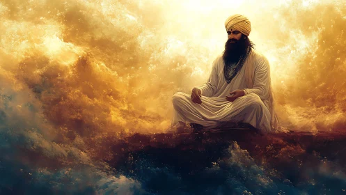 Serene robed figure rests in golden swirling clouds of light