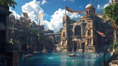 Harbor city with monumental stone architecture and canal.