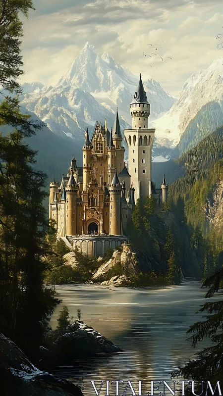 Fairytale mountain castle glowing beside a tranquil river.