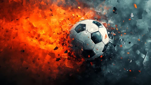 Blazing soccer ball shattering through molten abstract space.
