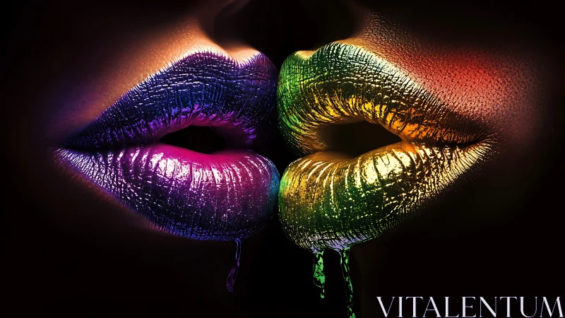 Luminous rainbow lips sharing a bold, electric moment.