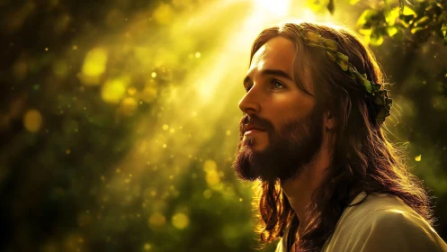 Bearded man with wreath in forest under sunlit rays.