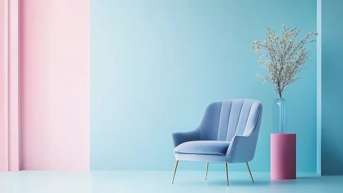 Pastel lounge chair in minimalist blue and pink interior.