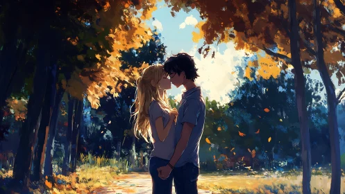 Couple under autumn trees in forest clearing.