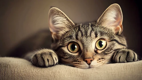 Tabby Cat Peering Over Fabric Edge with Intent Gaze.