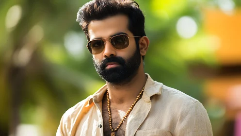 Photorealistic male portrait with shallow depth of field focus.