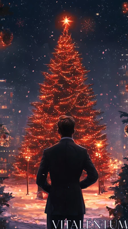 Man in suit observing illuminated outdoor Christmas tree.
