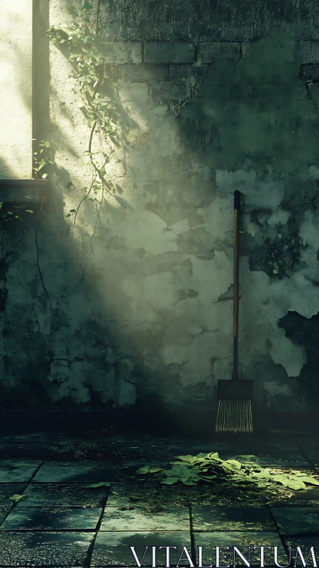 Soft sunlight falls on broom and leaves in a quiet courtyard