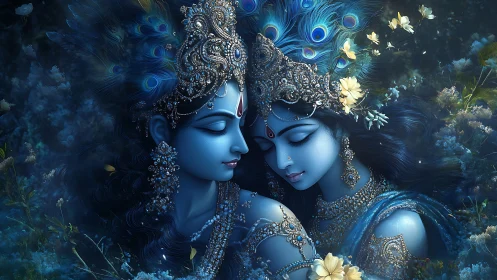 Divine blue couple rendered in ornate luminous digital painting