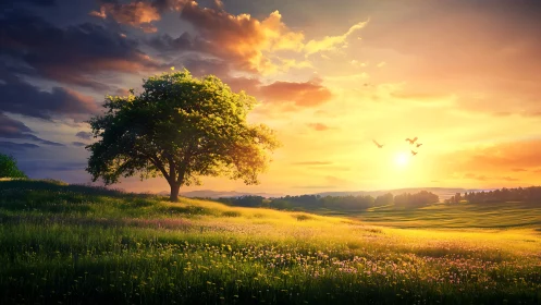 Digital painting landscape with lone tree and radiant sunset.