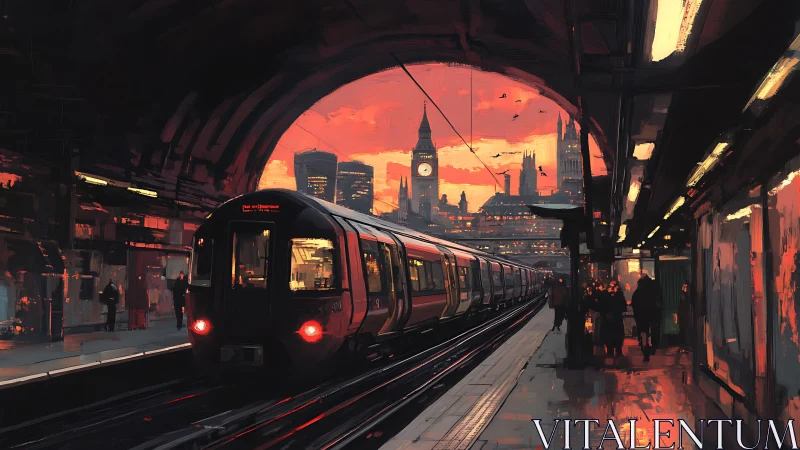 Sunset metro train glides into a glowing neon city station