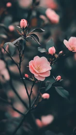 Pink camellias blooming against moody dark foliage.
