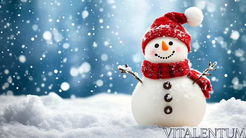 Cheerful red-scarf snowman dancing in a soft snowfall.