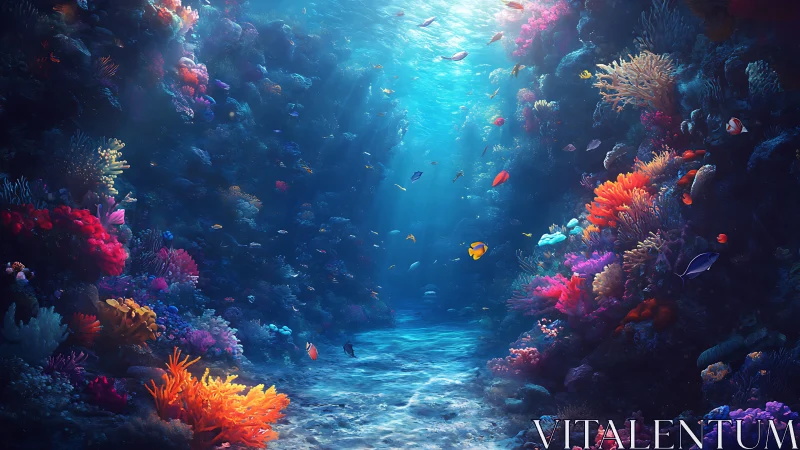 Radiant coral canyon illuminated by volumetric undersea light