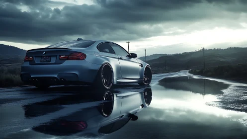 High-performance coupe rendered in cinematic wet-road lighting