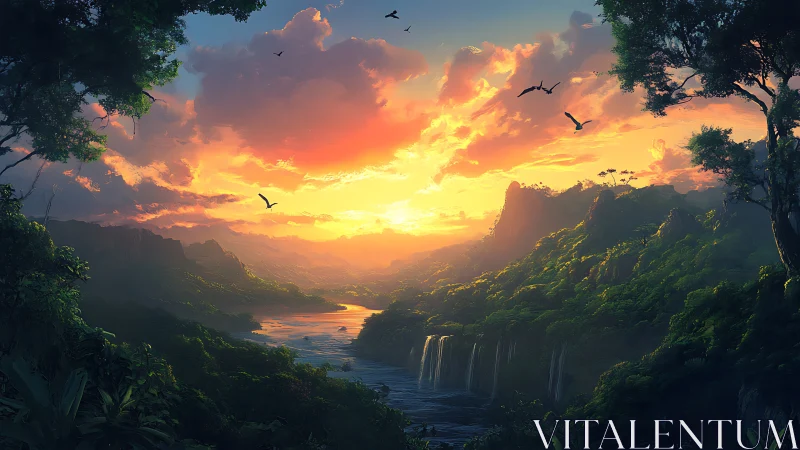 Tropical river valley at sunset with cascading waterfalls.