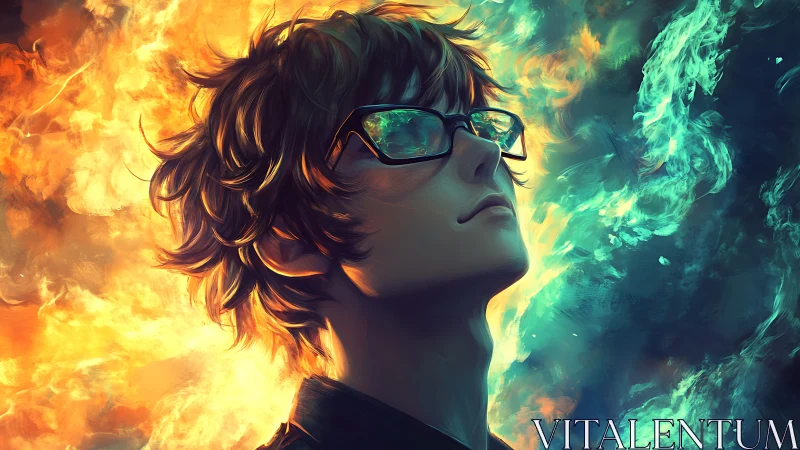 Glass-browed dreamer between blazing fire and arctic light.