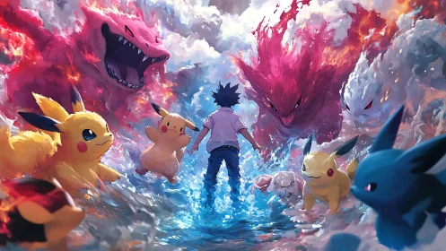 Storm-walking trainer flanked by electric allies and raging titans.