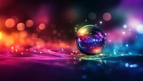 Glowing crystal sphere on neon abstract light surface.