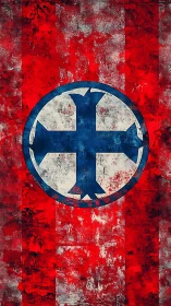 Grunge styled red flag with circular blue cross emblem centered