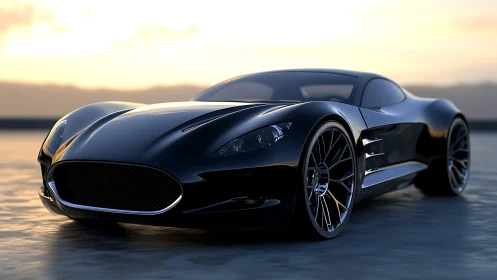 Black supercar reflects sunset across wet concrete surface.