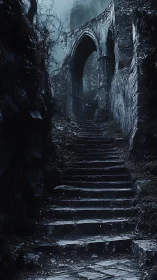 Gothic stone stairway ascending to ruined pointed archway at dusk.