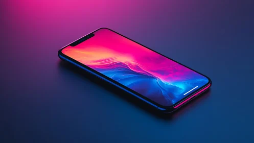 Bezel-less smartphone glows under neon gradient studio light.