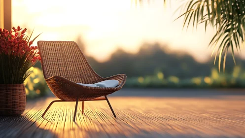 Woven Rattan Chair Positioned on Sunlit Terrace.