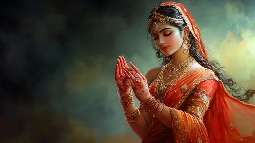 Digital painting of Indian bride in orange sari, praying.