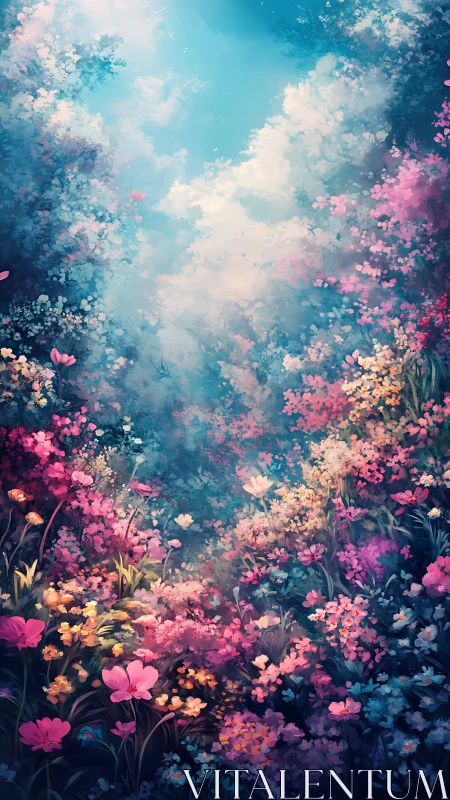 Ethereal Flower Garden Beneath Luminous Sky.