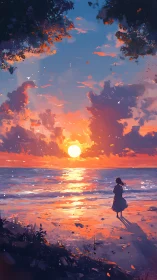 Solitary figure observing sunset over reflective shoreline.