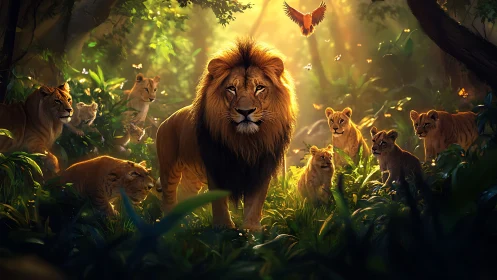Majestic lion pride bathed in golden forest radiance.