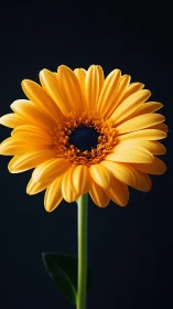 Yellow Gerbera Daisy with Dark Center Against Black Background