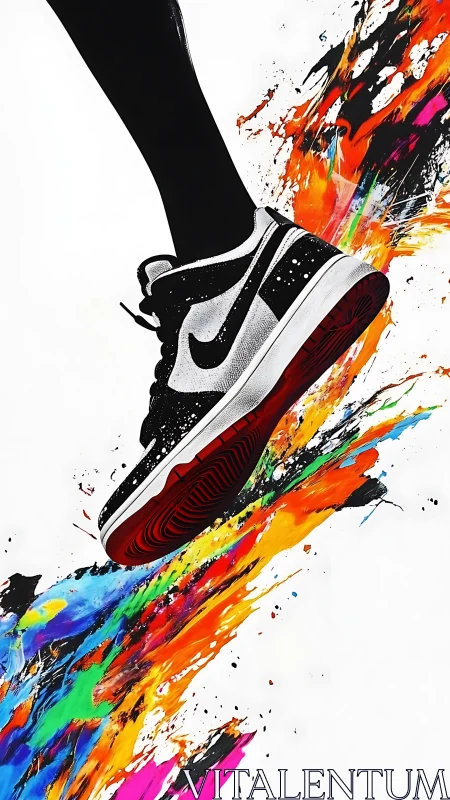 Sneaker explodes through vivid paint streaks in dynamic motion