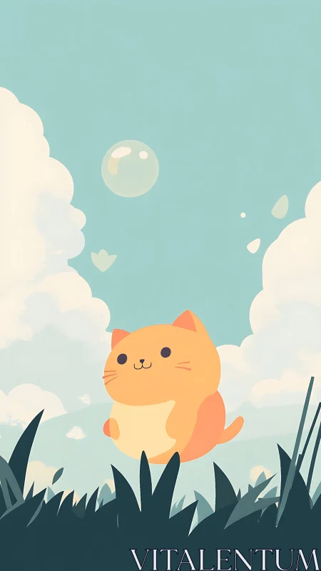 Orange Cat Resting Amid Clouds and Grass.