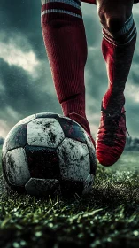 Close-up view of soccer player controlling worn ball on field.