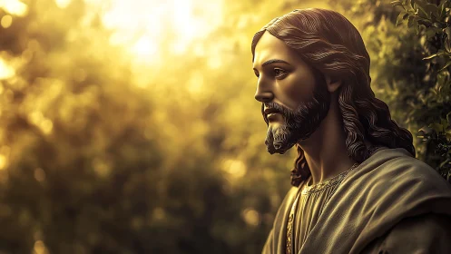 Profile portrait of robed bearded figure in golden bokeh light.
