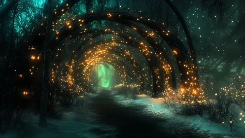 Luminous archway over winter forest pathway at night.