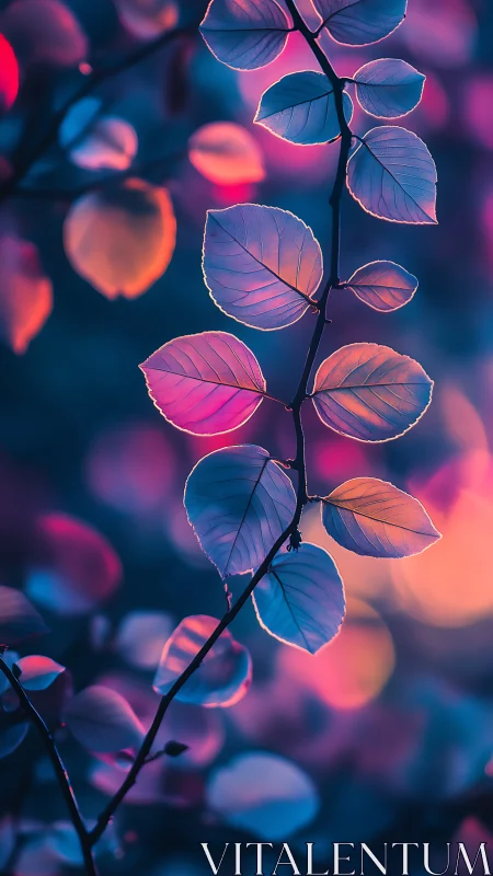 Branch leaves in blue and magenta bokeh lighting study.
