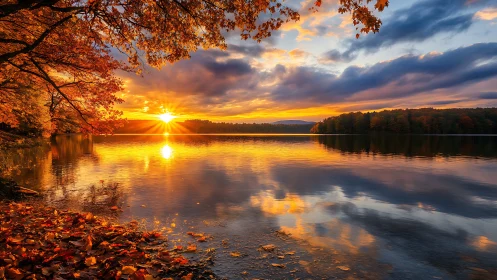 Radiometric autumn sunset over specularly reflective lake surface.