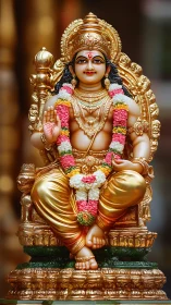 Golden seated Hindu deity statue with garlands indoors.