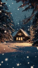 Cozy forest cabin glowing through a dreamy winter snowfall.