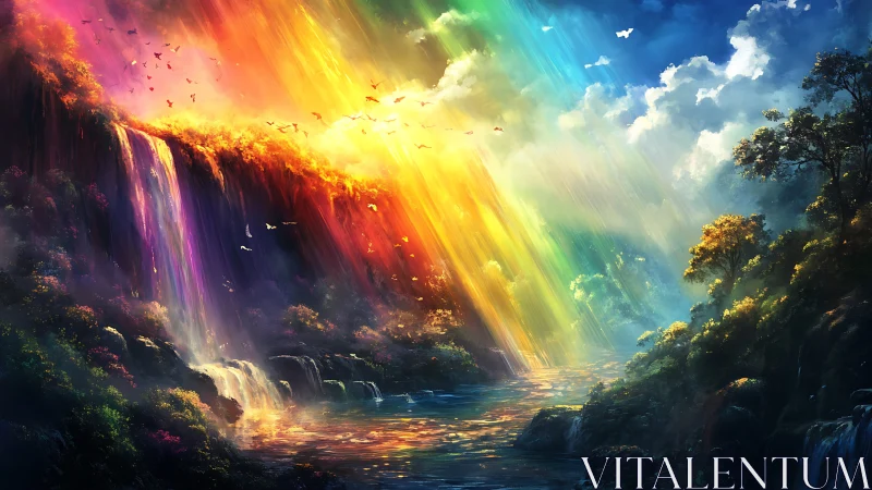 Prismatic waterfall cascades through a radiant fantasy valley
